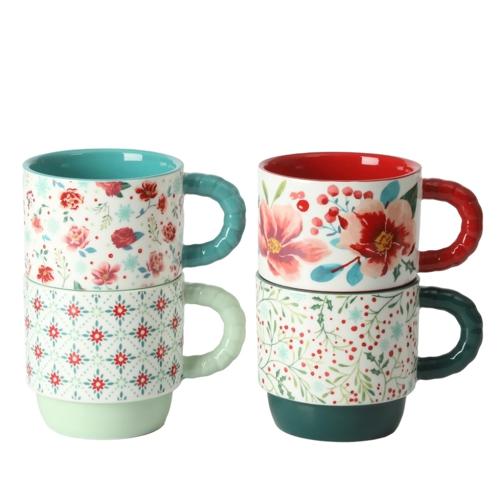 🎄SALE New Pioneer Woman Merry Meadow 5-Piece 12.5 Oz Stacking Mugs with Rack